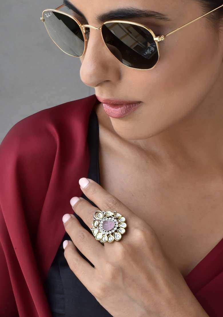 Pink Silver Tone Polki Ring - Indya