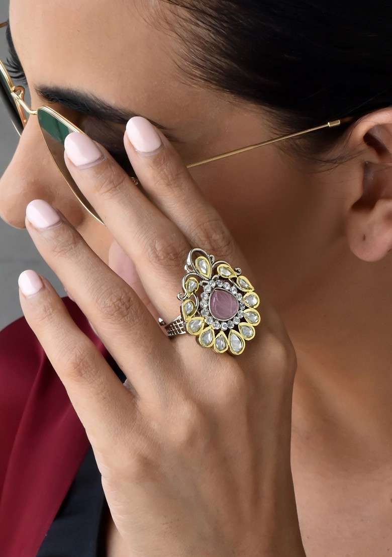 Pink Silver Tone Polki Ring - Indya