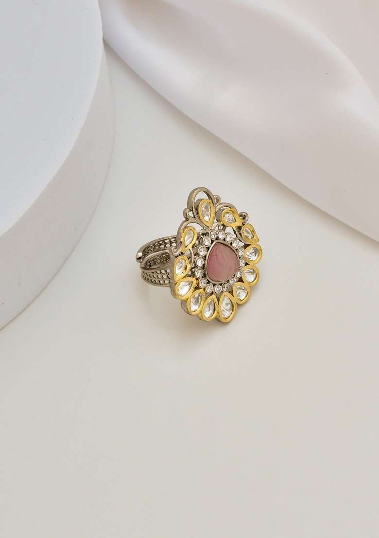 Pink Silver Tone Polki Ring - Indya