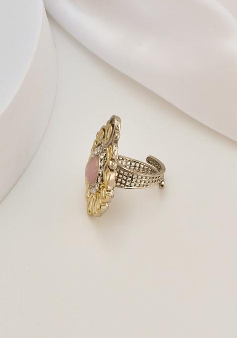 Pink Silver Tone Polki Ring