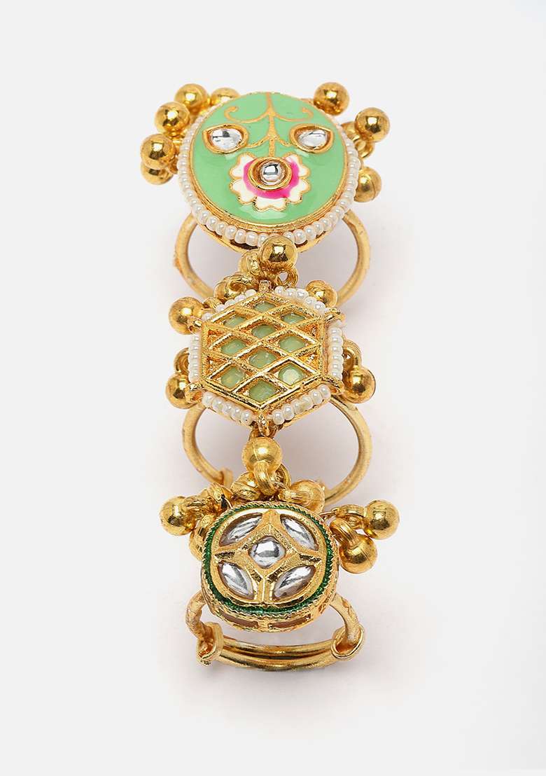 Green Gold Plated Kundan Pearl Ring - Indya