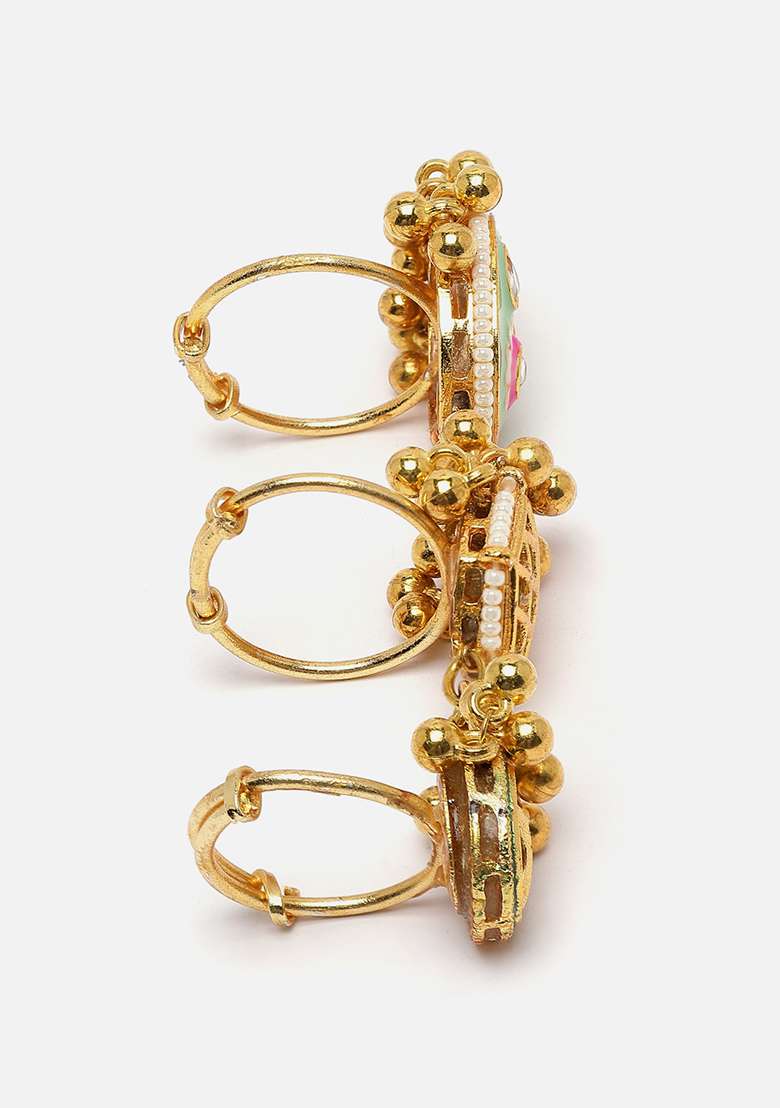 Green Gold Plated Kundan Pearl Ring - Indya