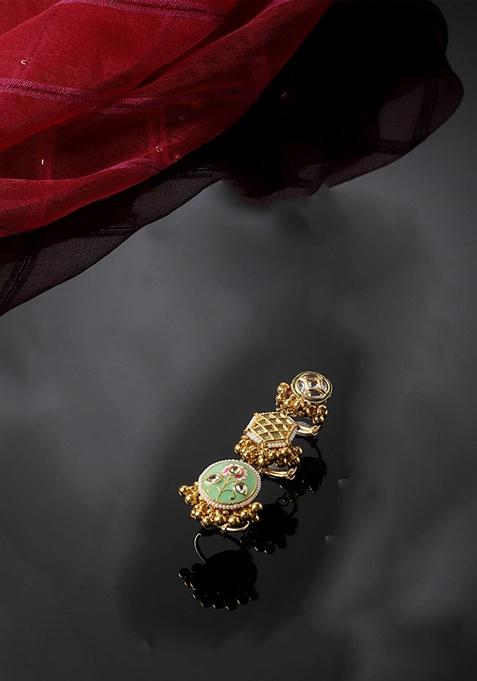 Green Gold Plated Kundan Pearl Ring