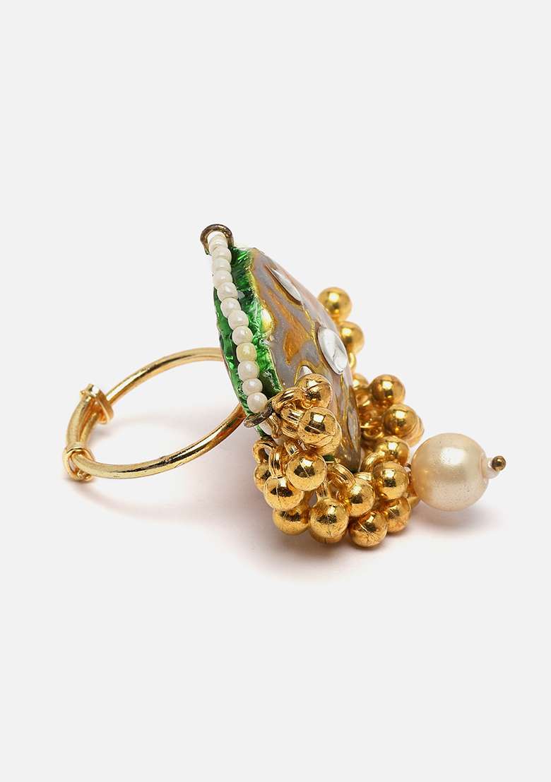 Gray And Green Gold Plated Kundan Pearl Ring - Indya