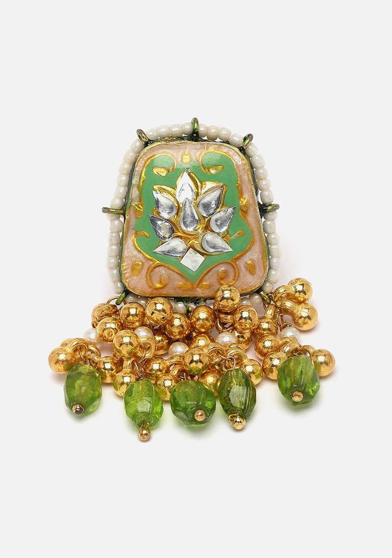 Green Gold Plated Kundan Pearl Ring - Indya