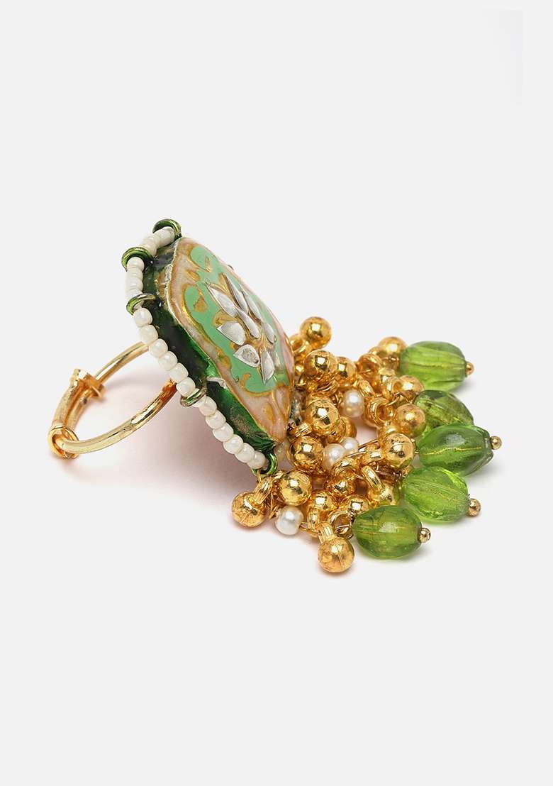 Green Gold Plated Kundan Pearl Ring - Indya