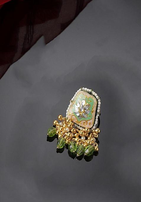 Green Gold Plated Kundan Pearl Ring