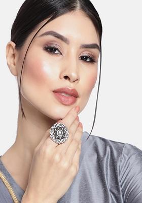 Silver Oxidized Kundan Studded Meenakari Work Adjustable Finger Ring