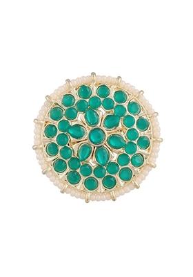 Gold Plated Traditional Green Kundan And Pearl Studded Adjustable Finger Ring