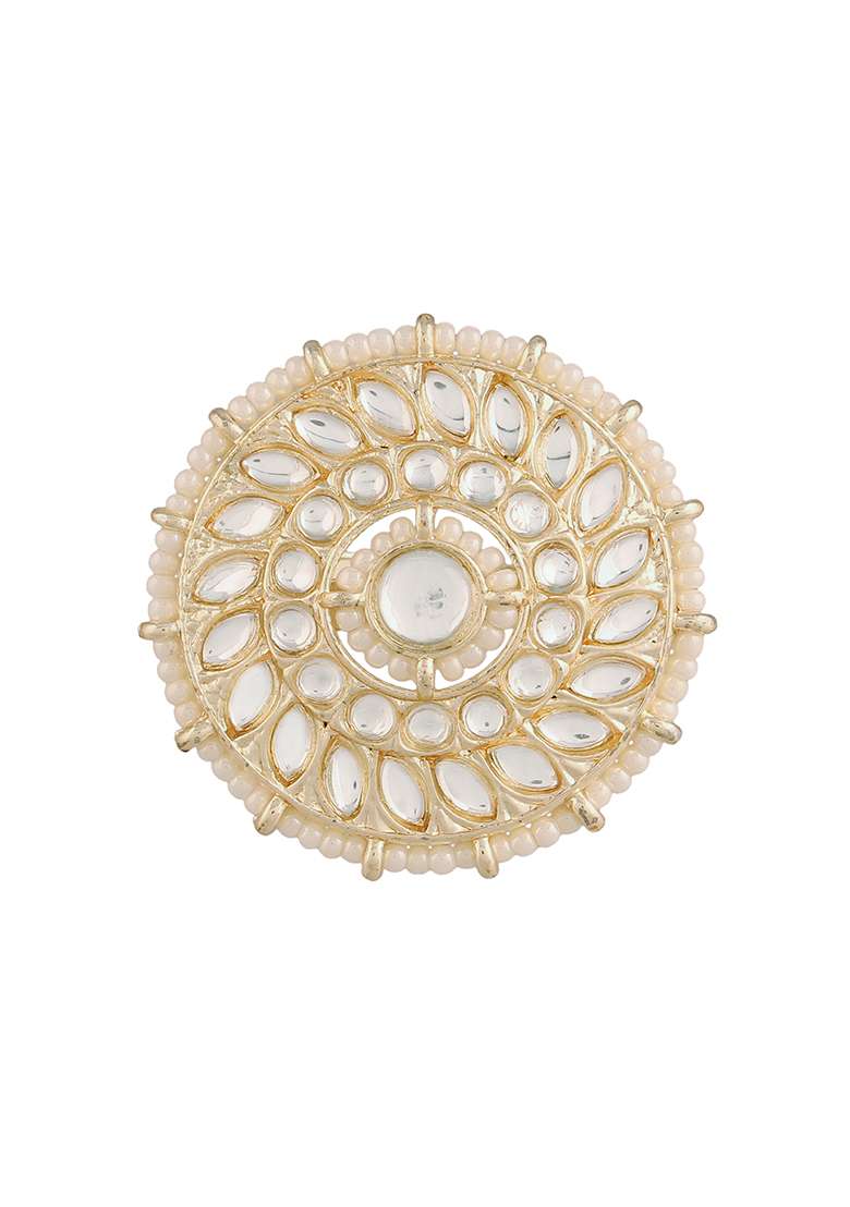 Gold Plated Traditional Green Kundan And Pearl Studded Adjustable Finger Ring - Indya