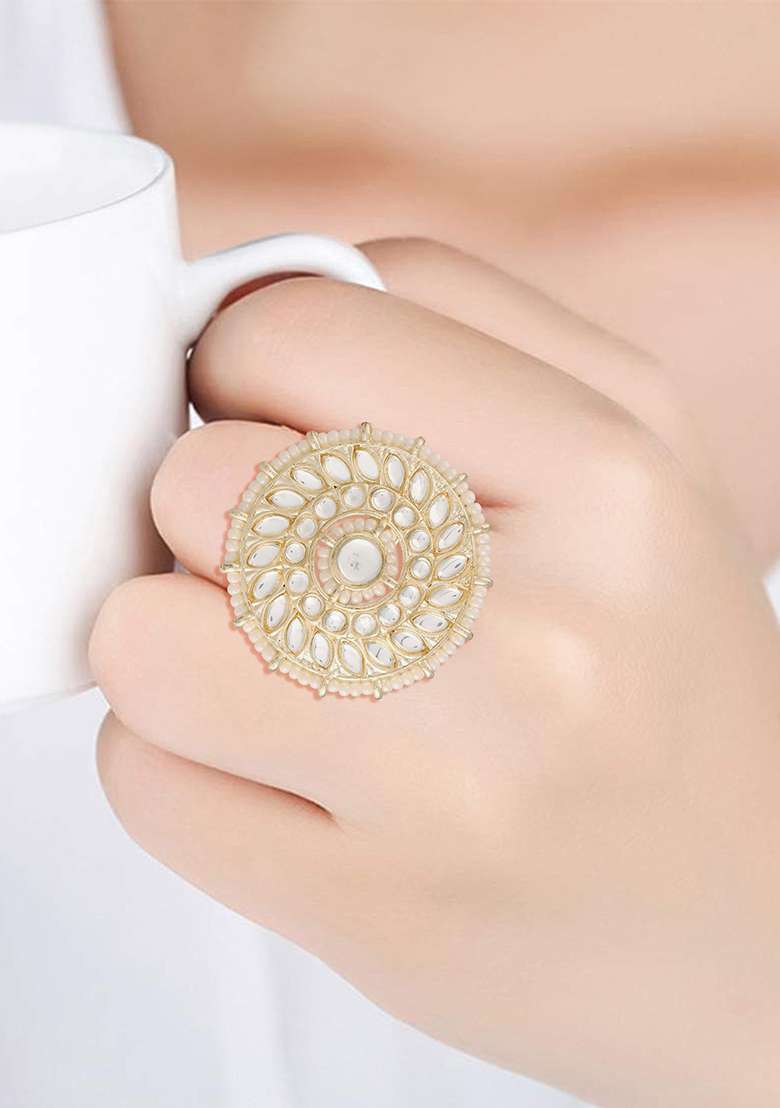 Gold Plated Traditional Green Kundan And Pearl Studded Adjustable Finger Ring - Indya
