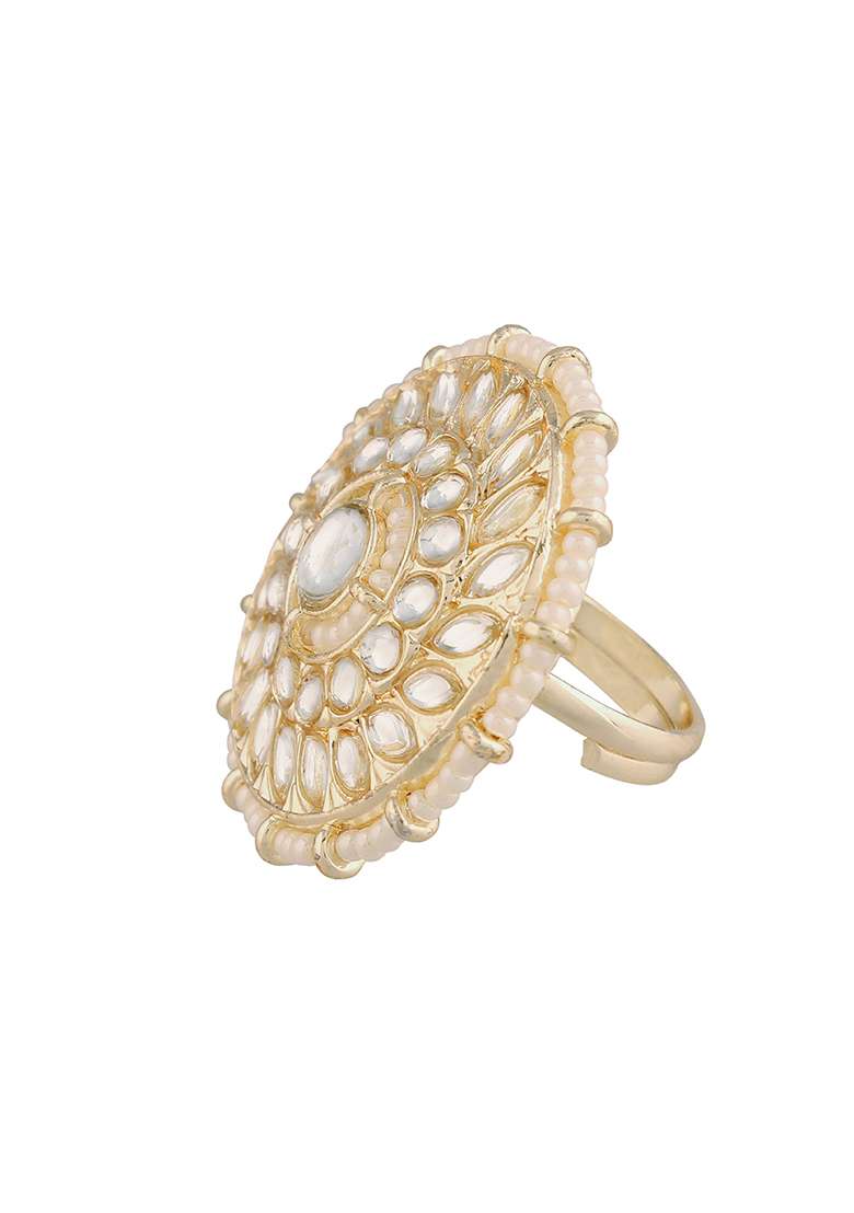 Gold Plated Traditional Green Kundan And Pearl Studded Adjustable Finger Ring - Indya