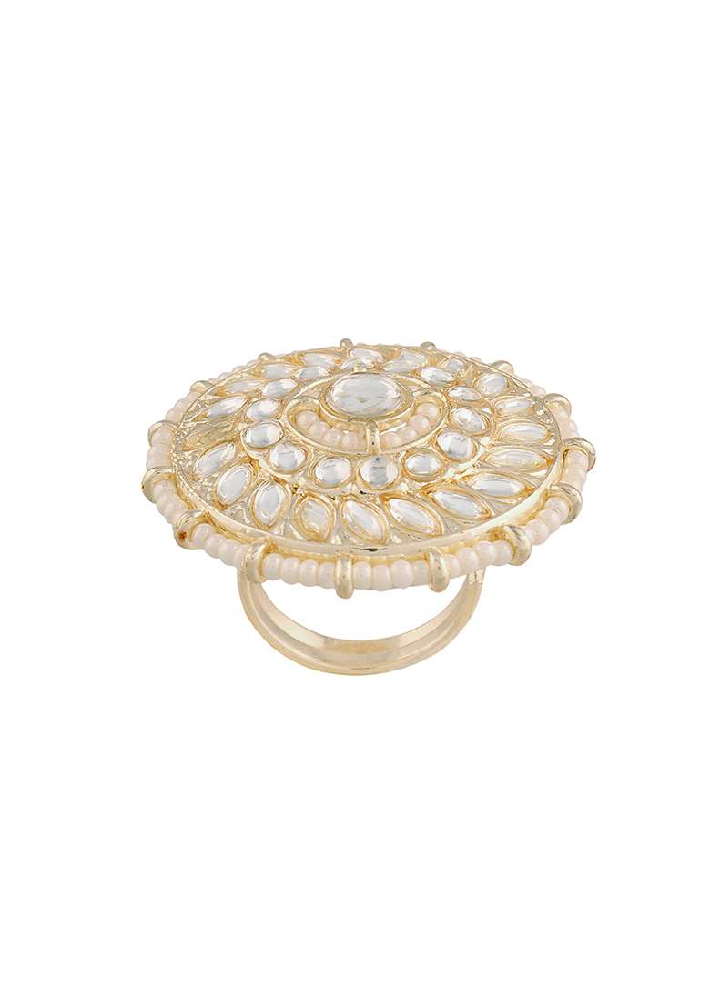 Gold Plated Traditional Green Kundan And Pearl Studded Adjustable Finger Ring - Indya