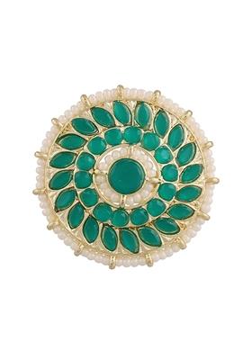 Gold Plated Traditional Green Kundan And Pearl Studded Adjustable Finger Ring