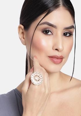 Gold Plated Kundan Studded Adjustable Ring In Floral Pattern