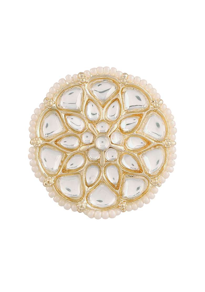 Gold Plated Traditional White Kundan And Pearl Studded Adjustable Finger Ring - Indya