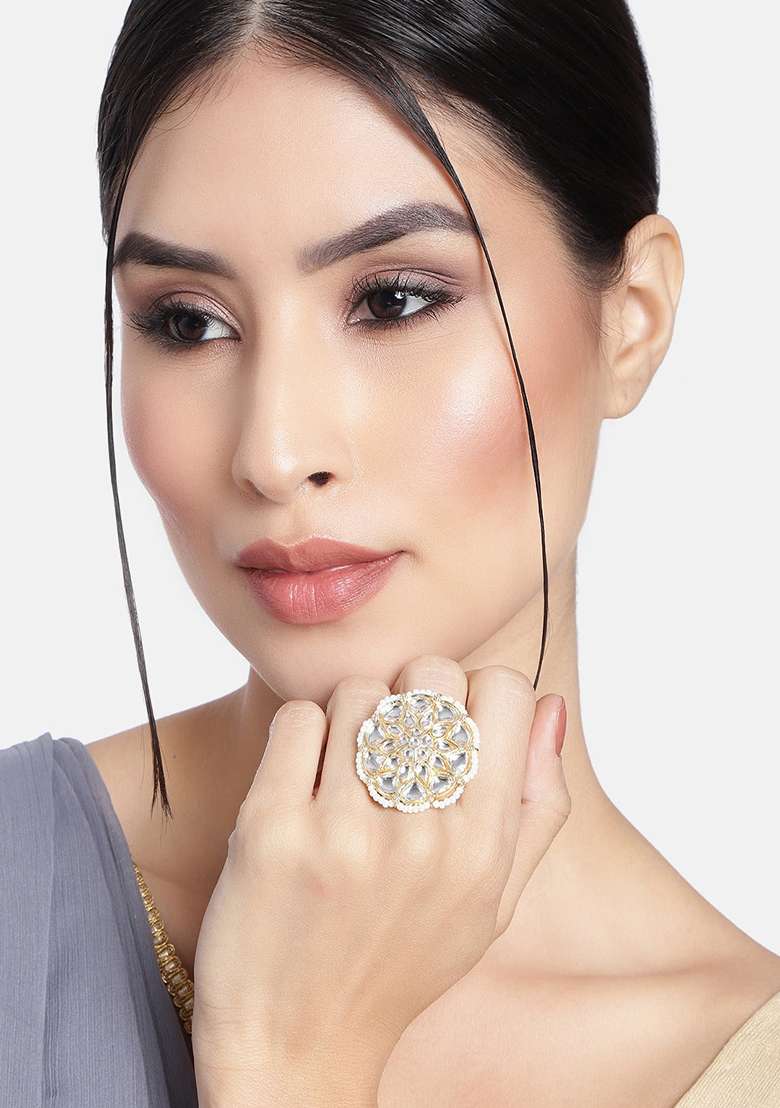 Gold Plated Traditional White Kundan And Pearl Studded Adjustable Finger Ring - Indya