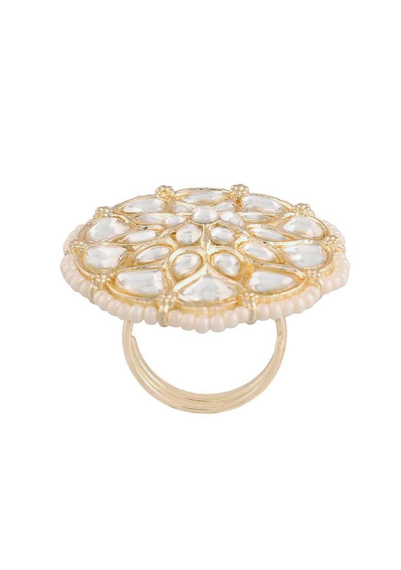 Gold Plated Traditional White Kundan And Pearl Studded Adjustable Finger Ring - Indya