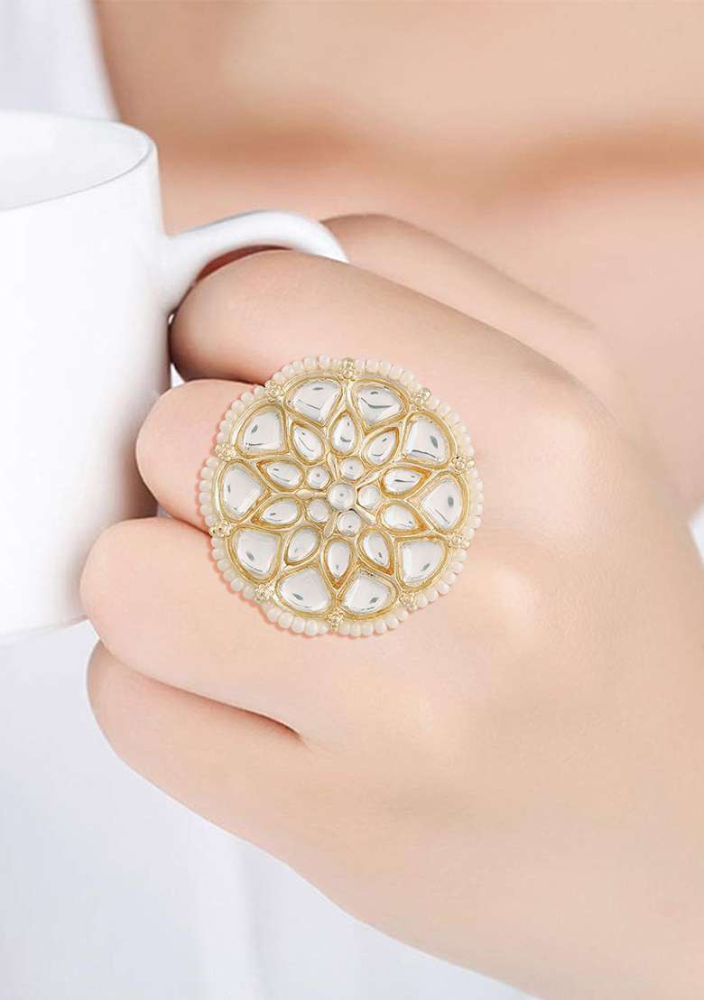 Gold Plated Traditional White Kundan And Pearl Studded Adjustable Finger Ring - Indya