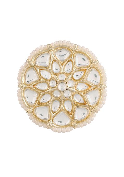Gold Plated Traditional White Kundan And Pearl Studded Adjustable Finger Ring