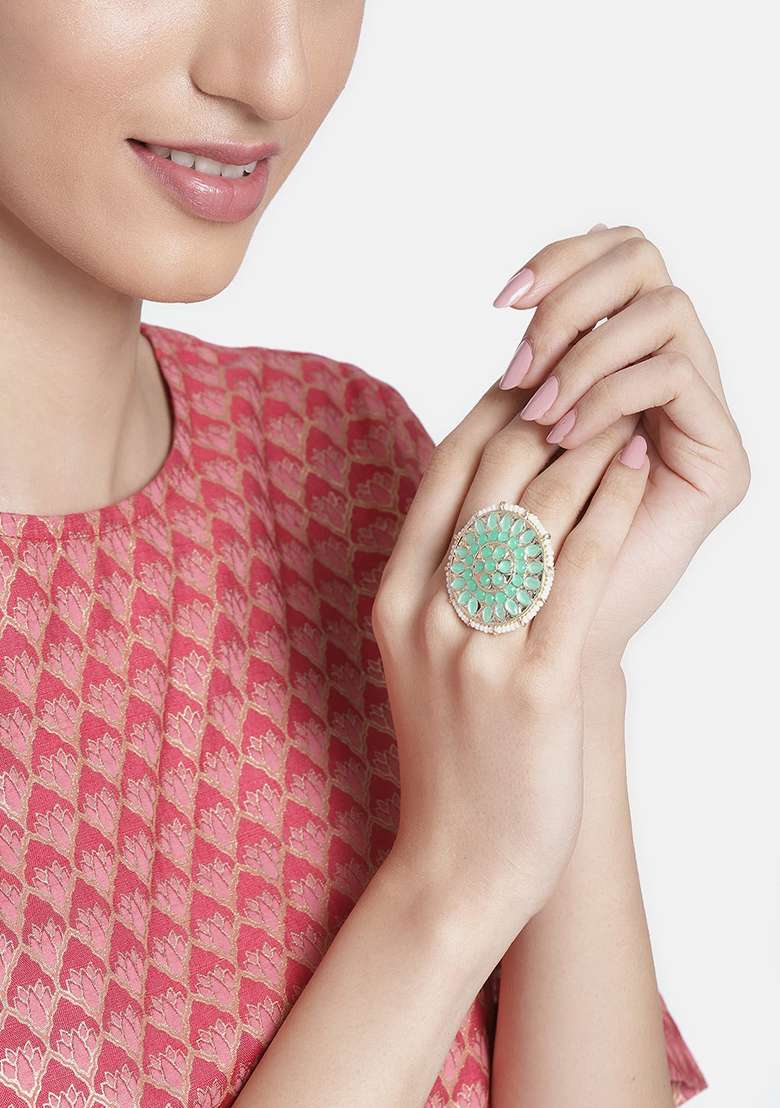 Gold Plated Traditional Green Kundan And Pearl Studded Adjustable Finger Ring - Indya