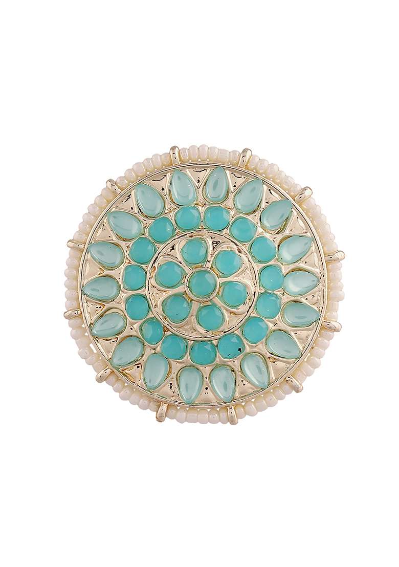 Gold Plated Traditional Green Kundan And Pearl Studded Adjustable Finger Ring - Indya