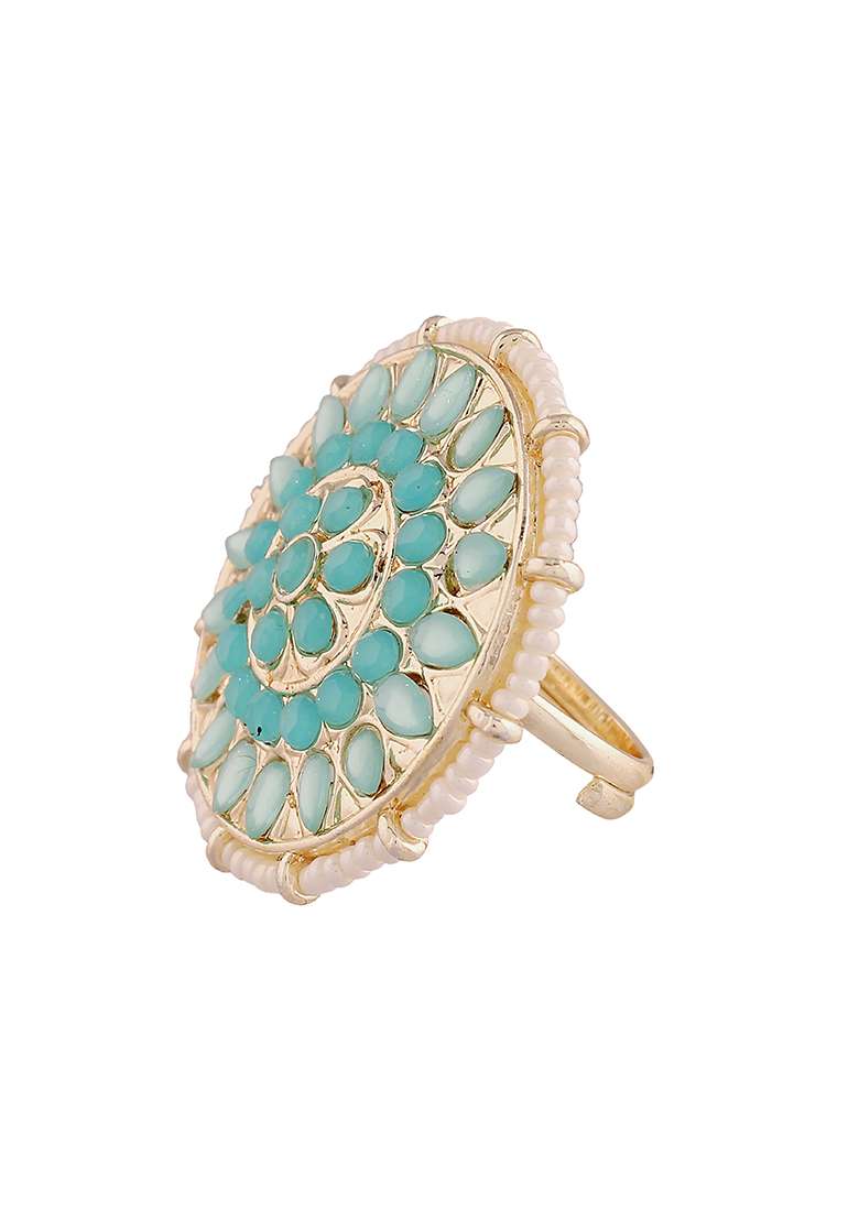 Gold Plated Traditional Green Kundan And Pearl Studded Adjustable Finger Ring - Indya