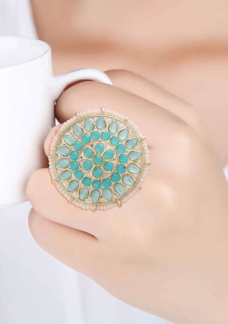 Gold Plated Traditional Green Kundan And Pearl Studded Adjustable Finger Ring - Indya