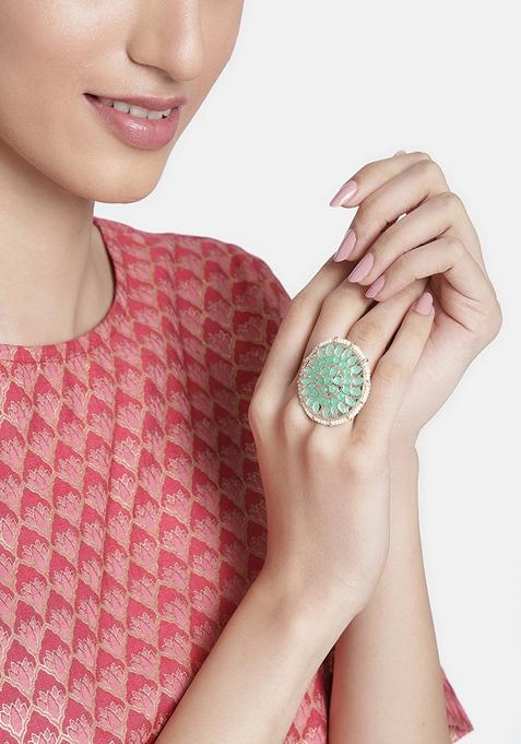 Gold Plated Traditional Green Kundan And Pearl Studded Adjustable Finger Ring