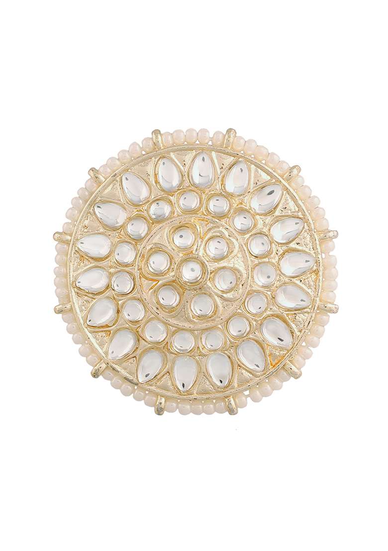 Gold Plated Traditional White Kundan And Pearl Studded Adjustable Finger Ring - Indya