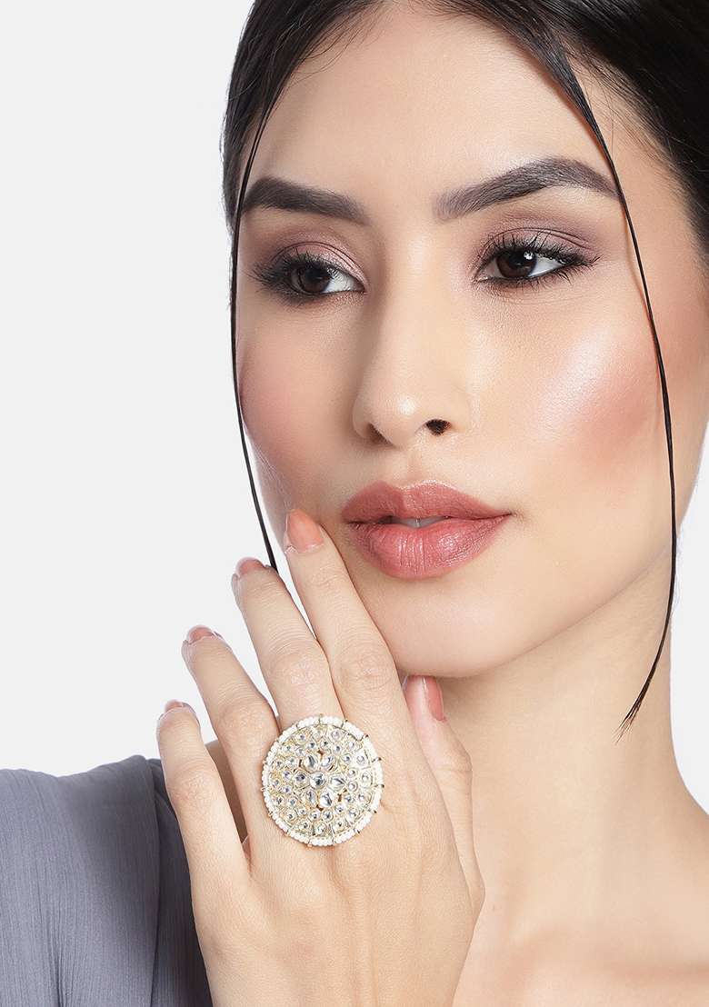 Gold Plated Traditional White Kundan And Pearl Studded Adjustable Finger Ring - Indya