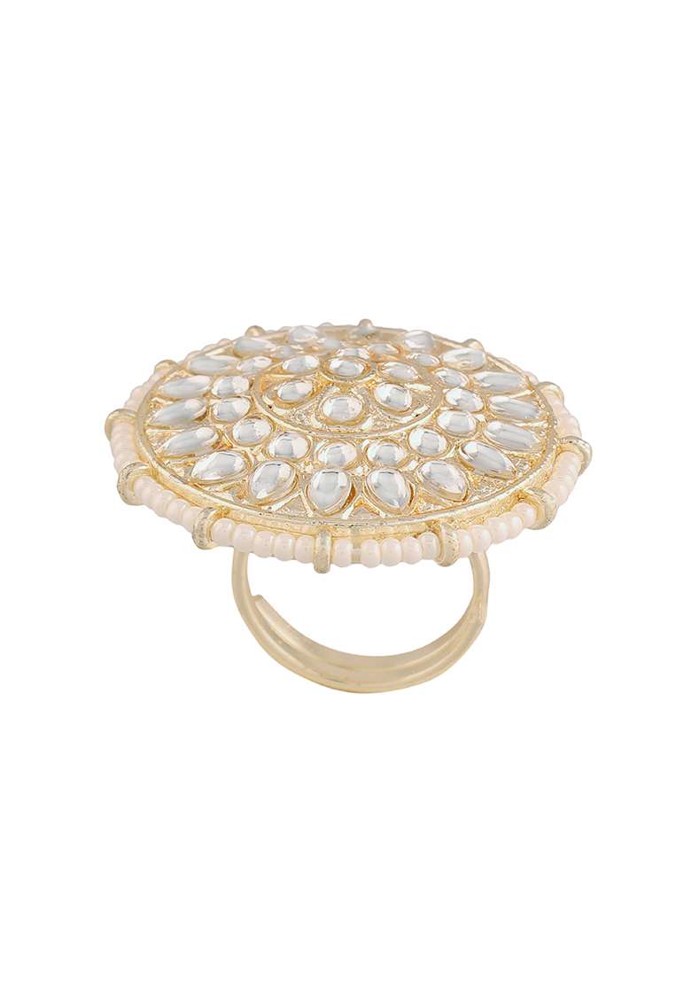 Gold Plated Traditional White Kundan And Pearl Studded Adjustable Finger Ring - Indya