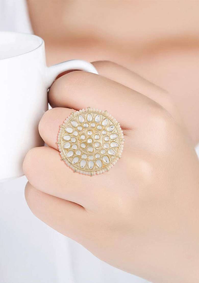 Gold Plated Traditional White Kundan And Pearl Studded Adjustable Finger Ring - Indya