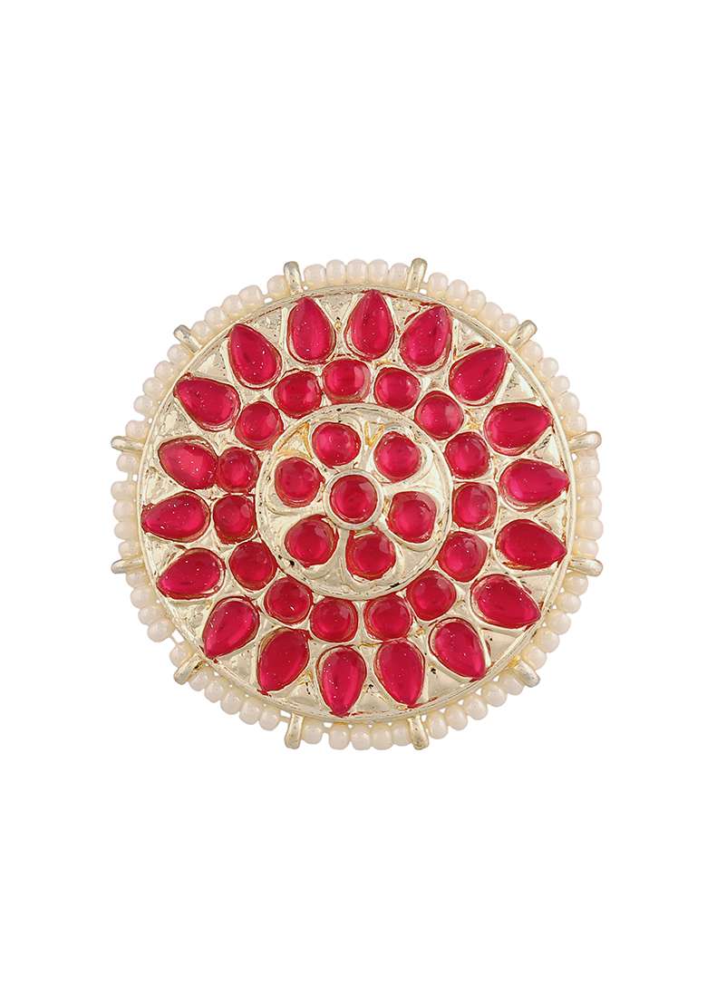 Gold Plated Kundan Studded Adjustable Ring In Floral Pattern - Indya