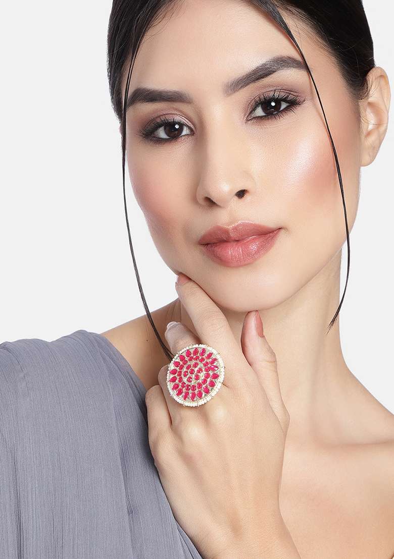 Gold Plated Kundan Studded Adjustable Ring In Floral Pattern - Indya