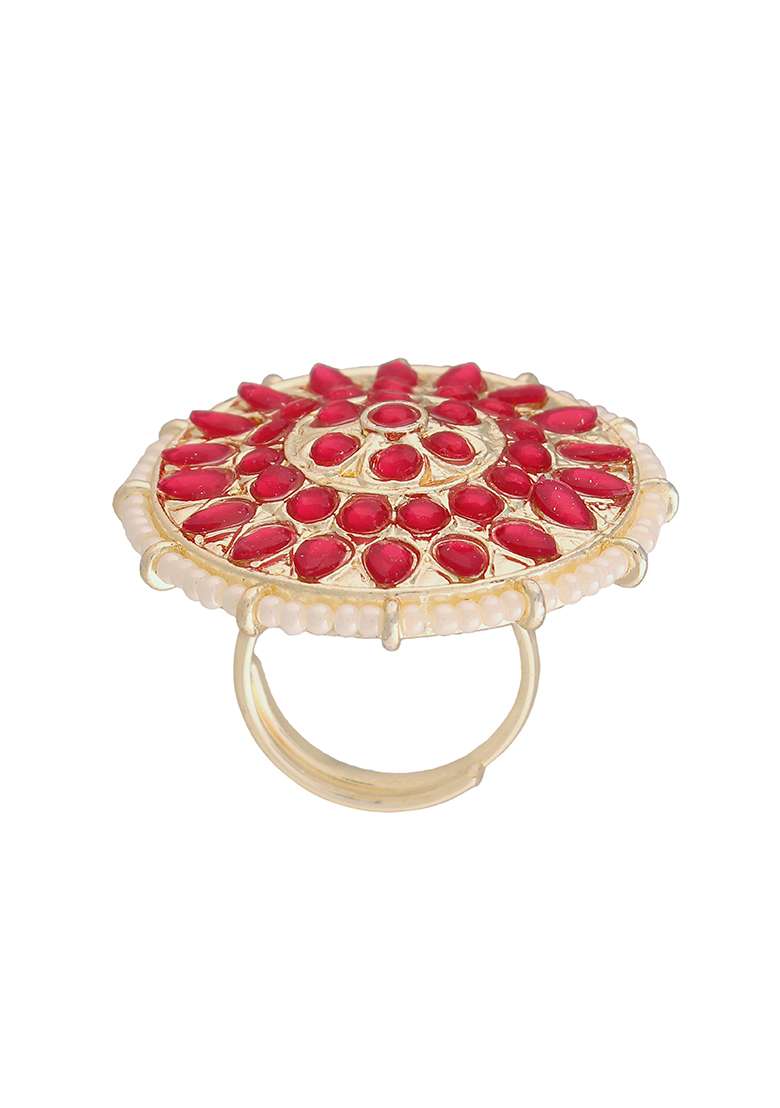 Gold Plated Kundan Studded Adjustable Ring In Floral Pattern - Indya