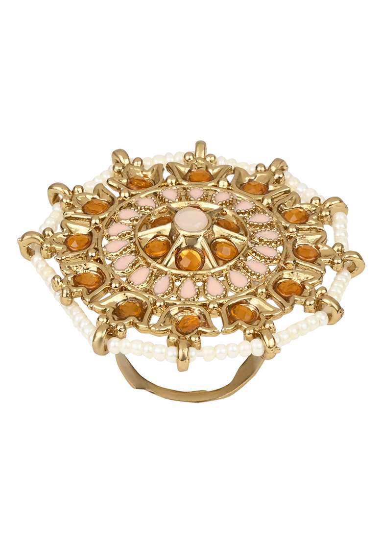 Gold Plated Traditional Work Moti Finger Ring Gilded With Moti - Indya