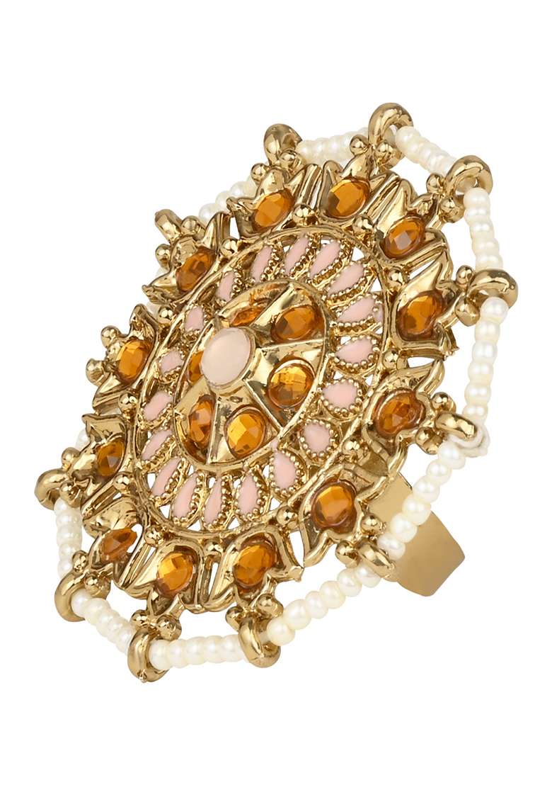 Gold Plated Traditional Work Moti Finger Ring Gilded With Moti - Indya
