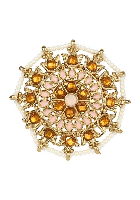 Gold Plated Traditional Work Moti Finger Ring Gilded With Moti