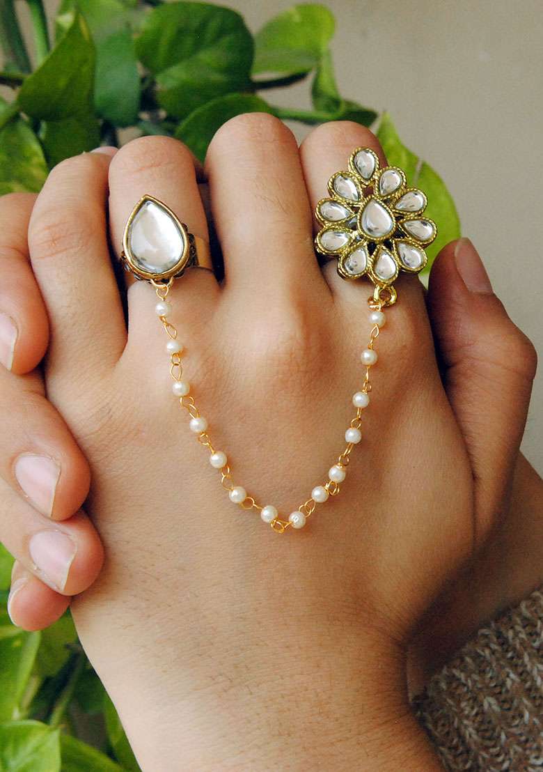 White Dynamic Duo Two Finger Ring - Indya