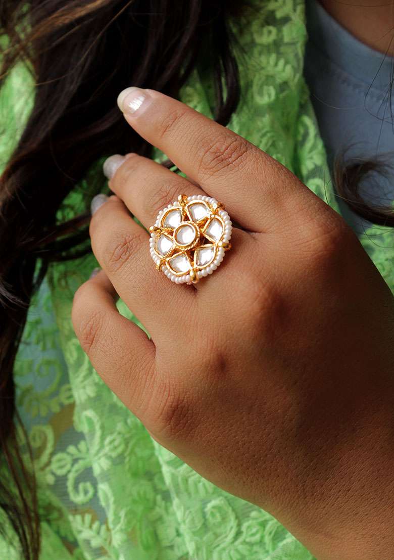 Gold Kundan Bloom Ring - Indya