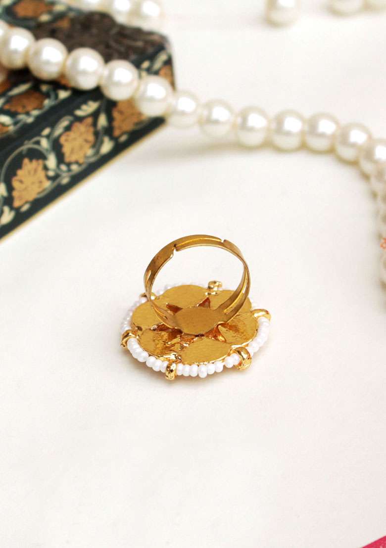 Gold Kundan Bloom Ring - Indya