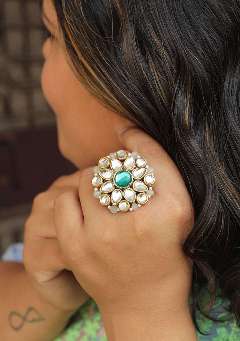Gold Green Kundan Flower Ring - Indya