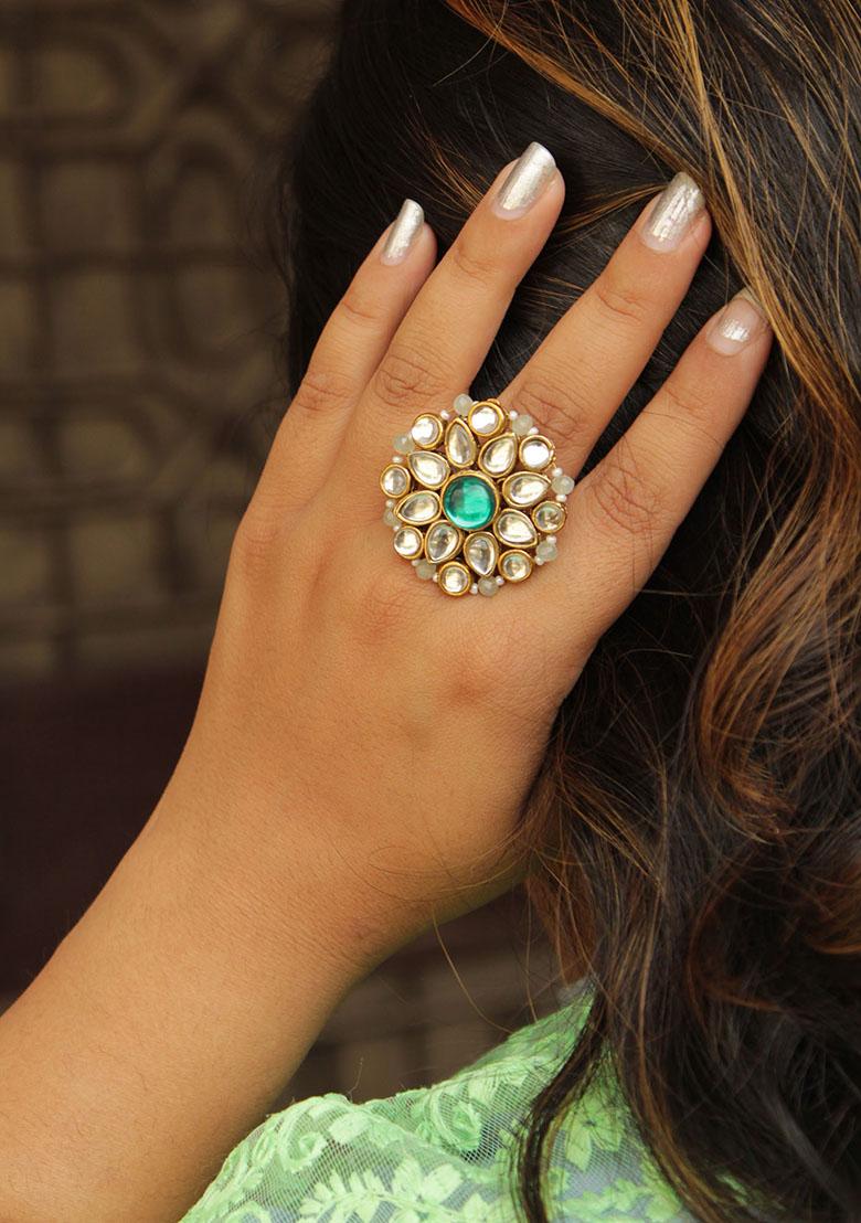 Gold Green Kundan Flower Ring