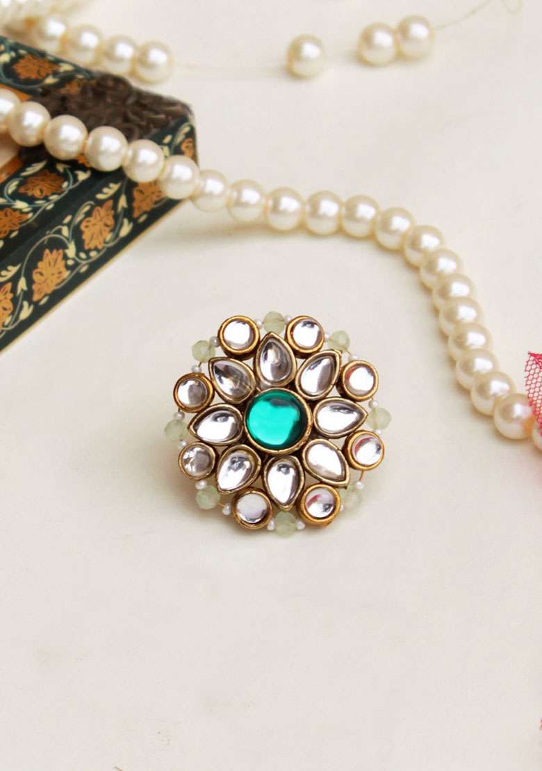 Gold Green Kundan Flower Ring - Indya