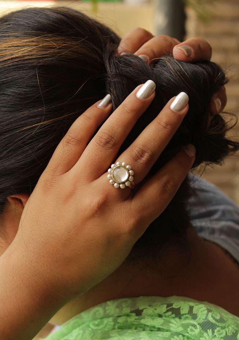 Gold Kundan Flower Ring - Indya