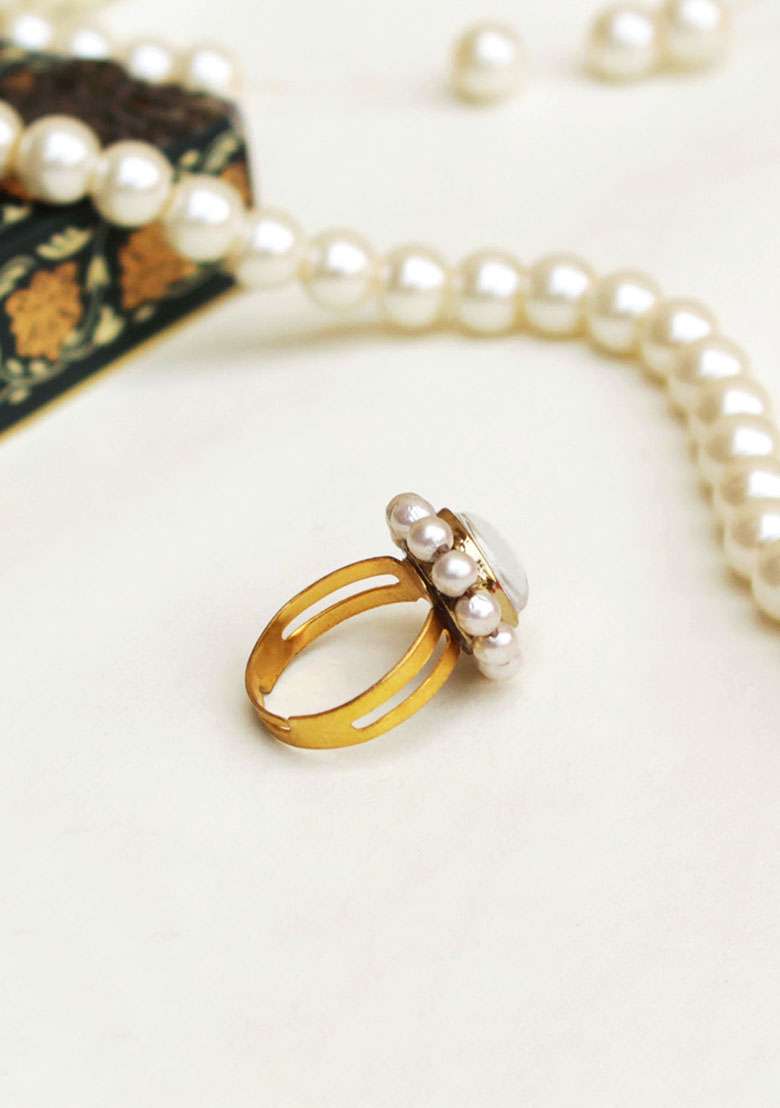 Gold Kundan Flower Ring - Indya