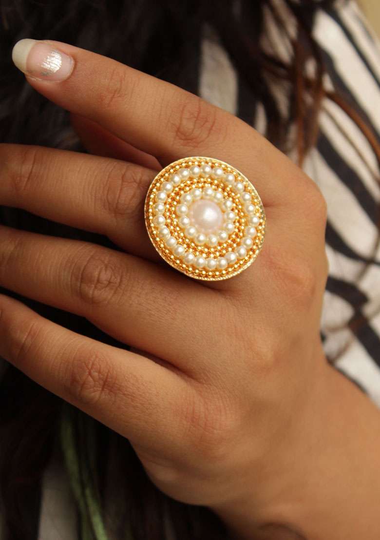 Gold Cluster Of Pearl Ring - Indya