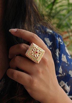 Pink & Green Enameled Square Ring