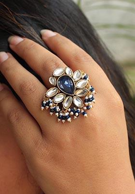 Blue Kundan Adorned Ring